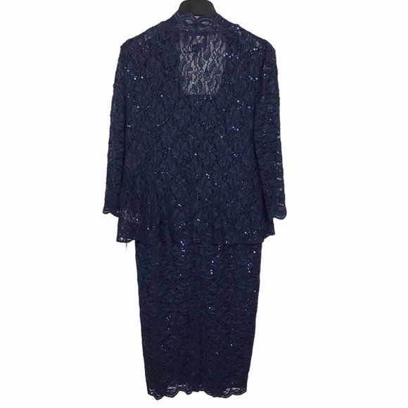 Alex Evenings Navy Blue Lace Sequin Cocktail Sheath Dress w/ Jacket Women's 16 - Picture 5 of 12